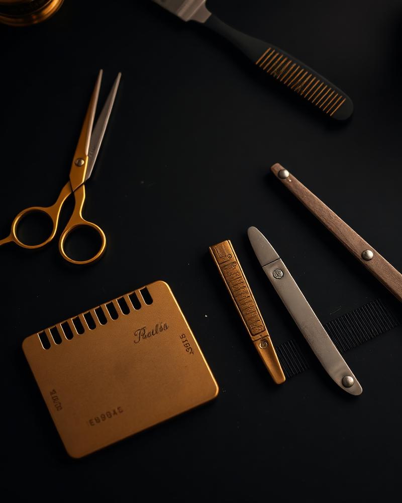 Gold barbering tools laid out on a dark surface